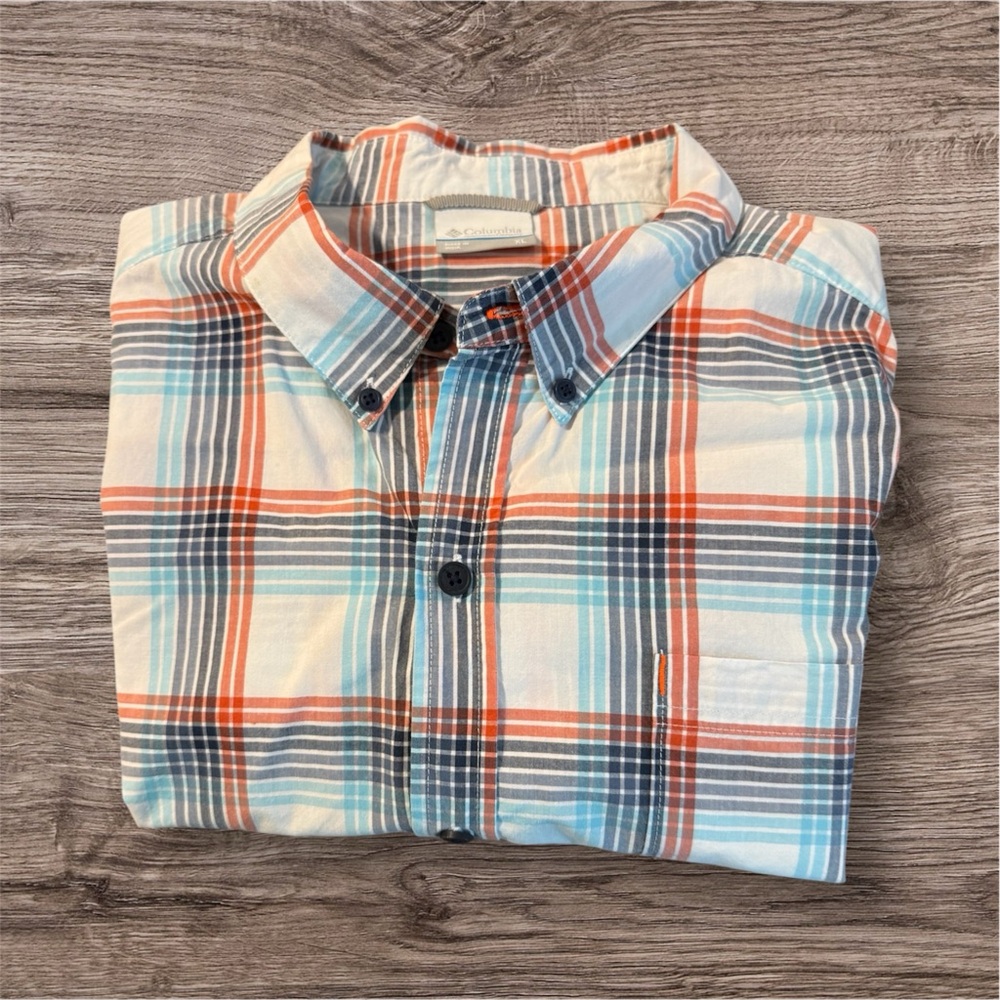 Columbia Men's Blue and Orange Plaid Shirt-  XL